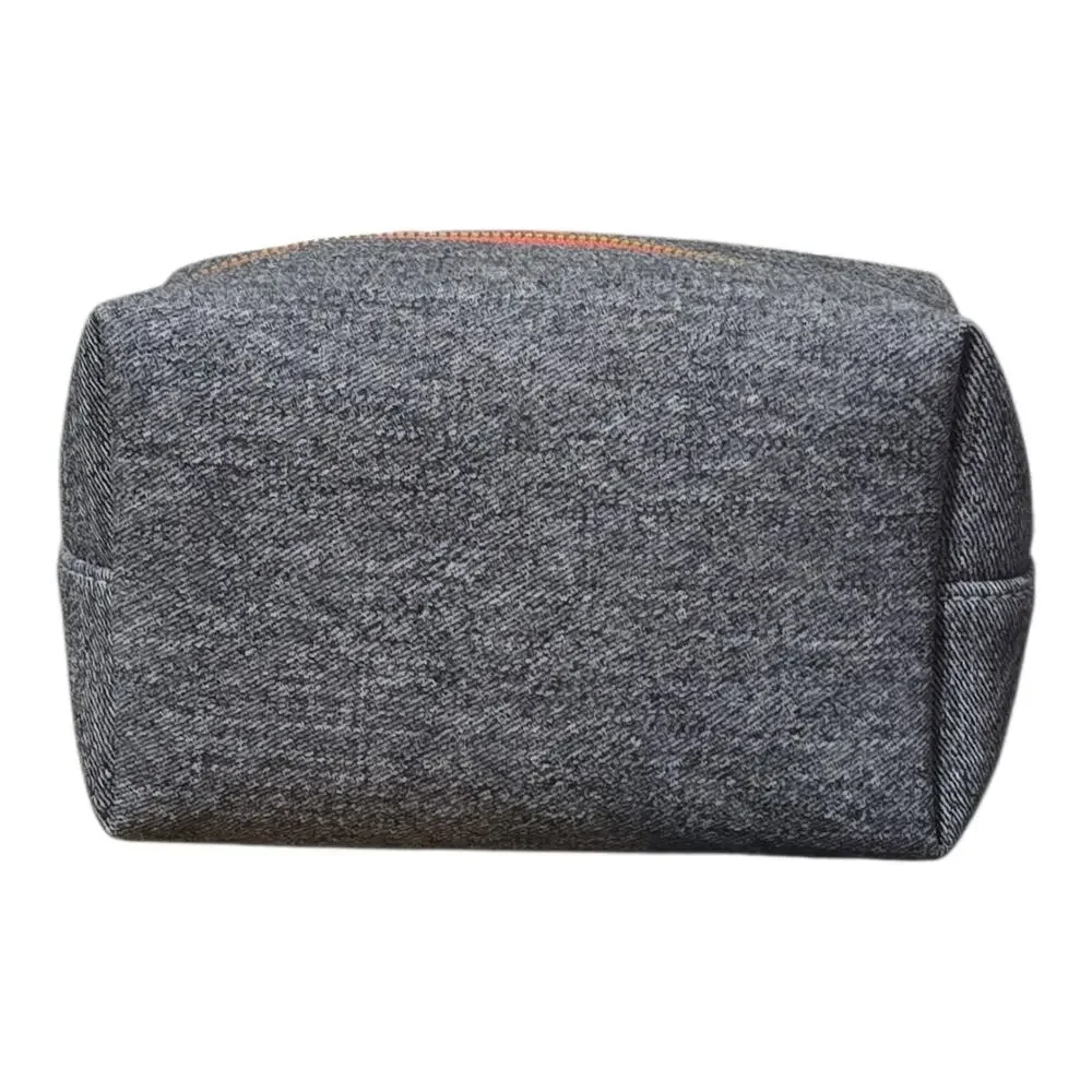 True Religion Black Heather Denim Canvas World Patch Cosmetic Travel Bag NWT